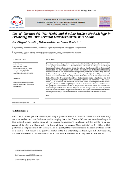 Use ofUse of Exponential Holt Model and the Box-Jenkins Methodology in Predicting the Time Series of Cement Production in Sudan صورة كتاب
