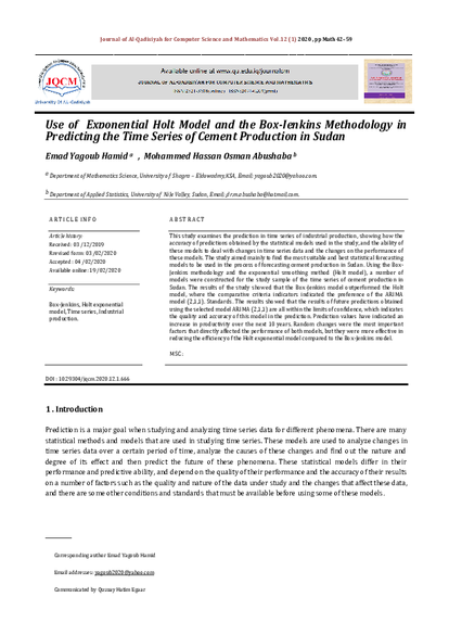 Use ofUse of Exponential Holt Model and the Box-Jenkins Methodology in Predicting the Time Series of Cement Production in Sudan صورة كتاب